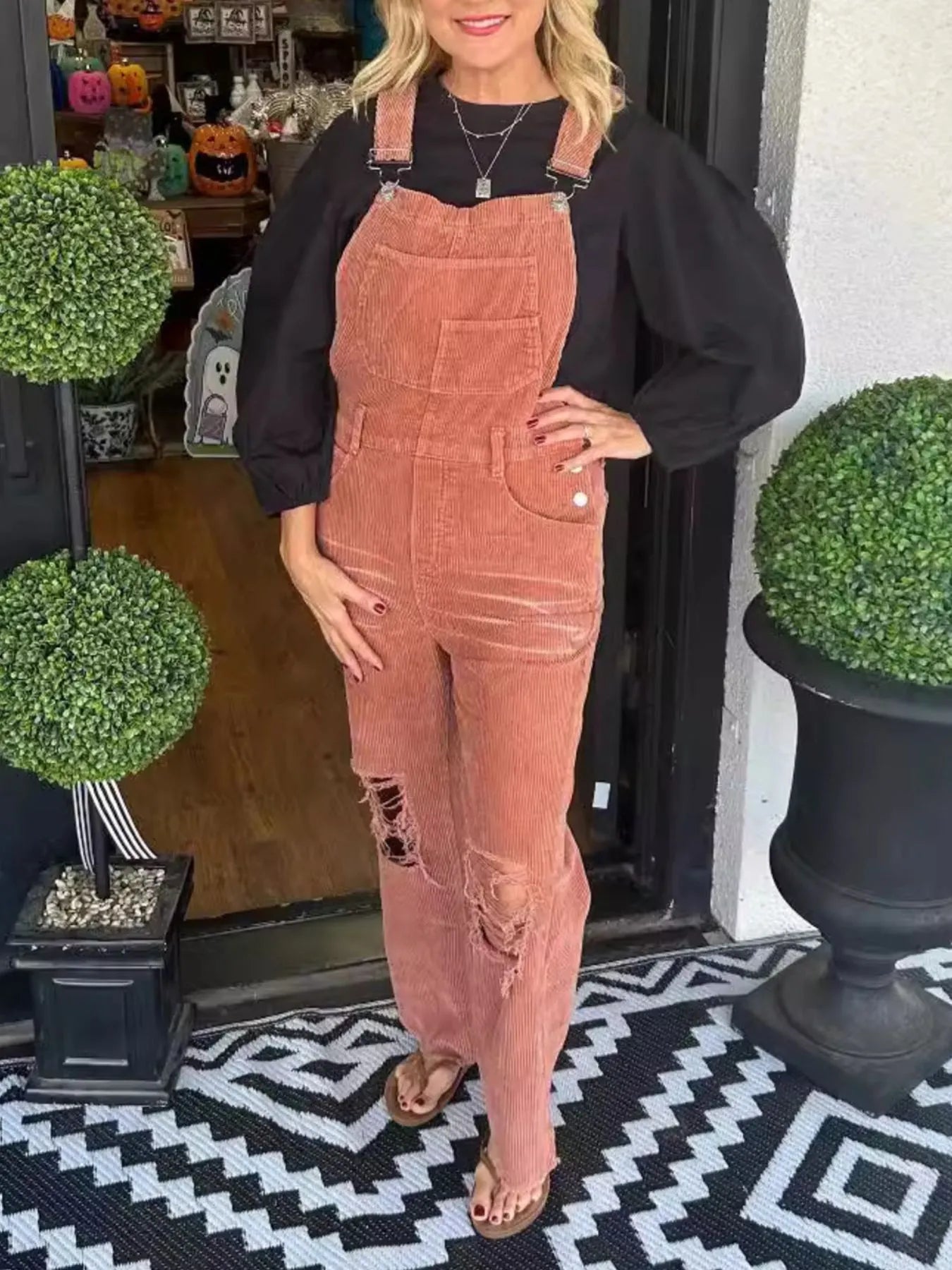 Distressed Wide Leg Corduroy Overalls - Orange -