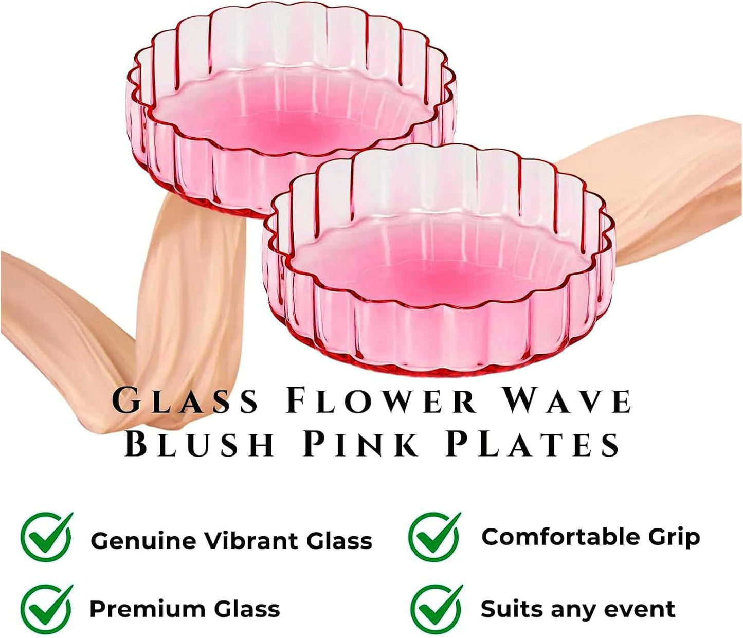 Khen Glass Flower Wave Colored Plates | Set of 2 | Blush Pink Green - -