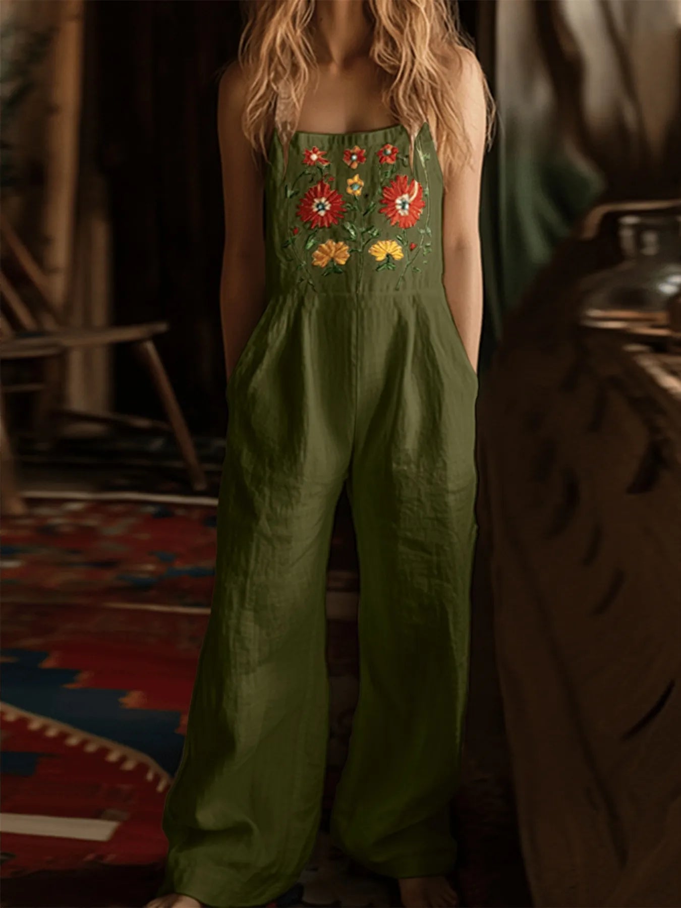 Floral Embroidered Wide Leg Jumpsuit - -