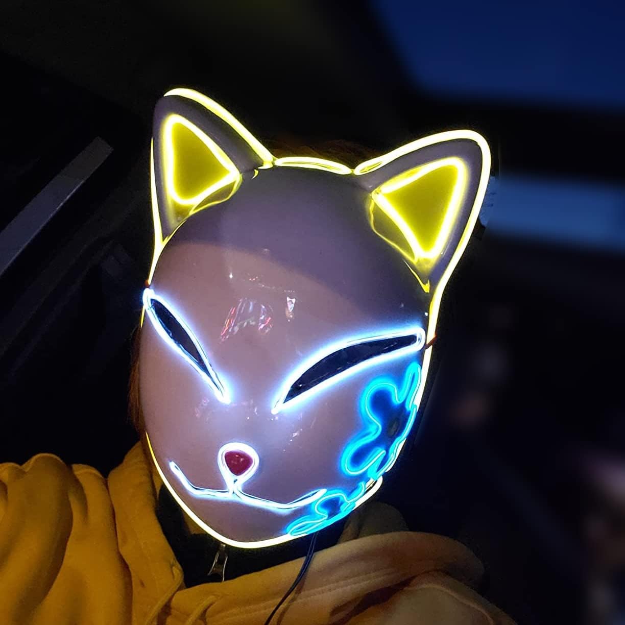 Demon LED Mask Slayers Costume Props Japanese Anime Plastic Fox Face Cosplay Glowing Masks for Adult Masquerade - -