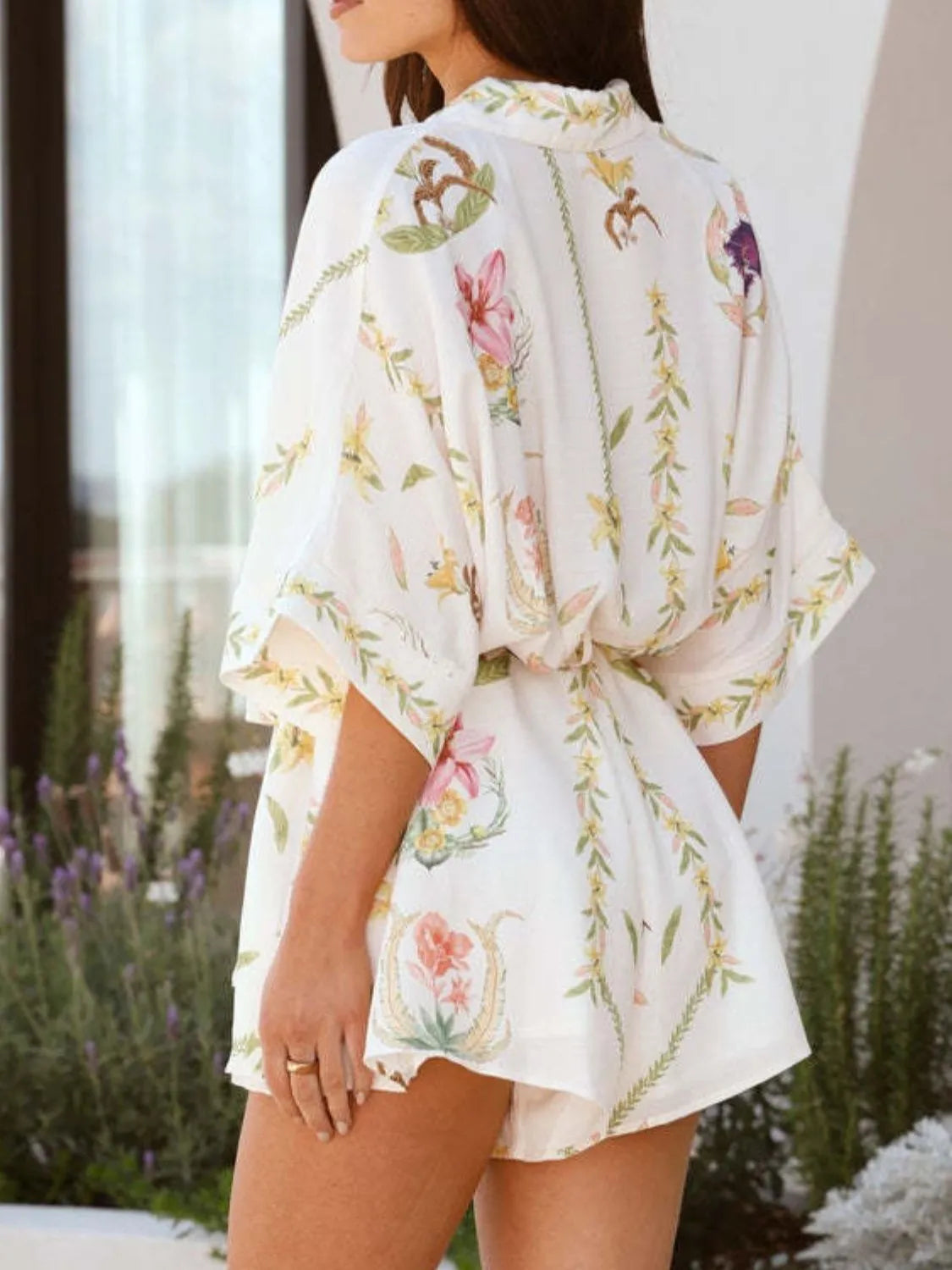 Printed Tie Waist Half Sleeve Romper - -