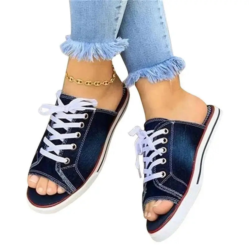 Summer Casual Canvas Shoes Peep Toe Lace Up Denim Ladies Flat Sandals