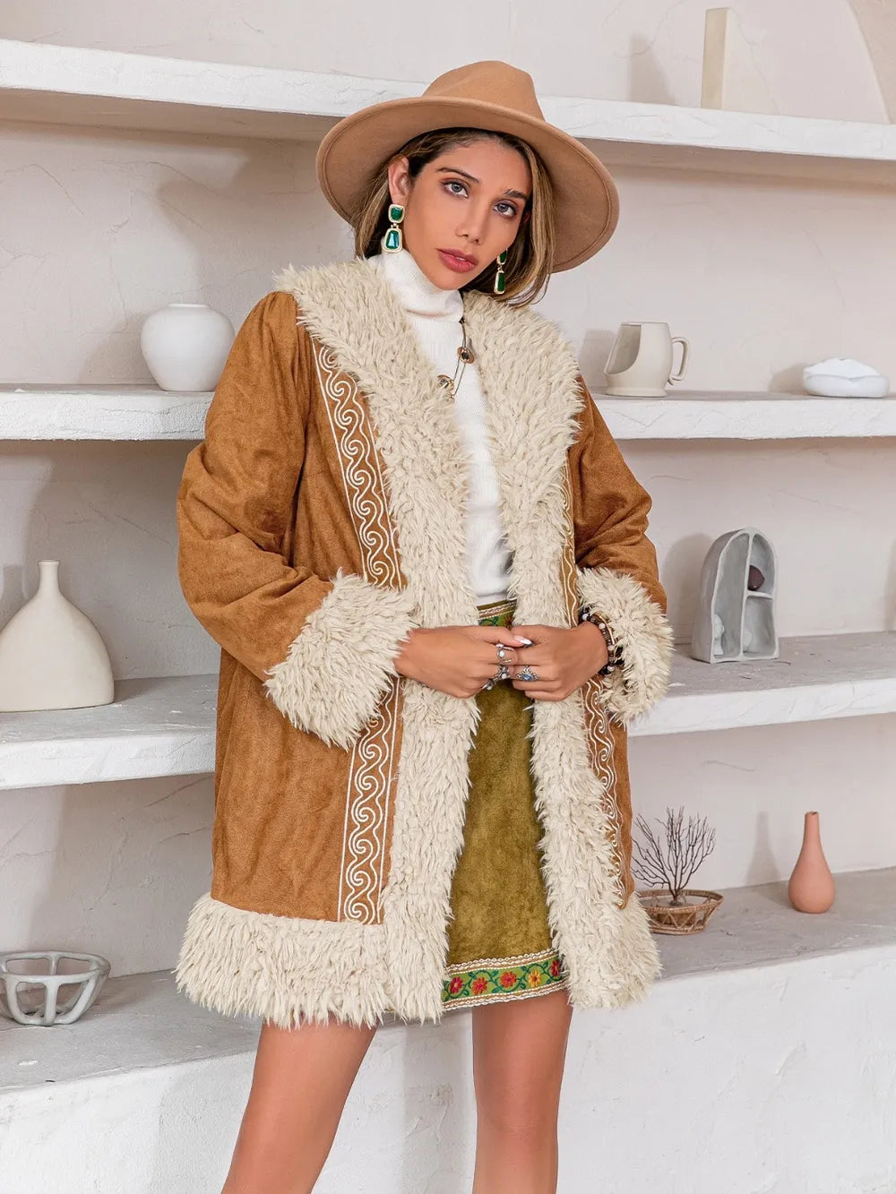 Fuzzy Open Front Long Sleeve Outerwear - -