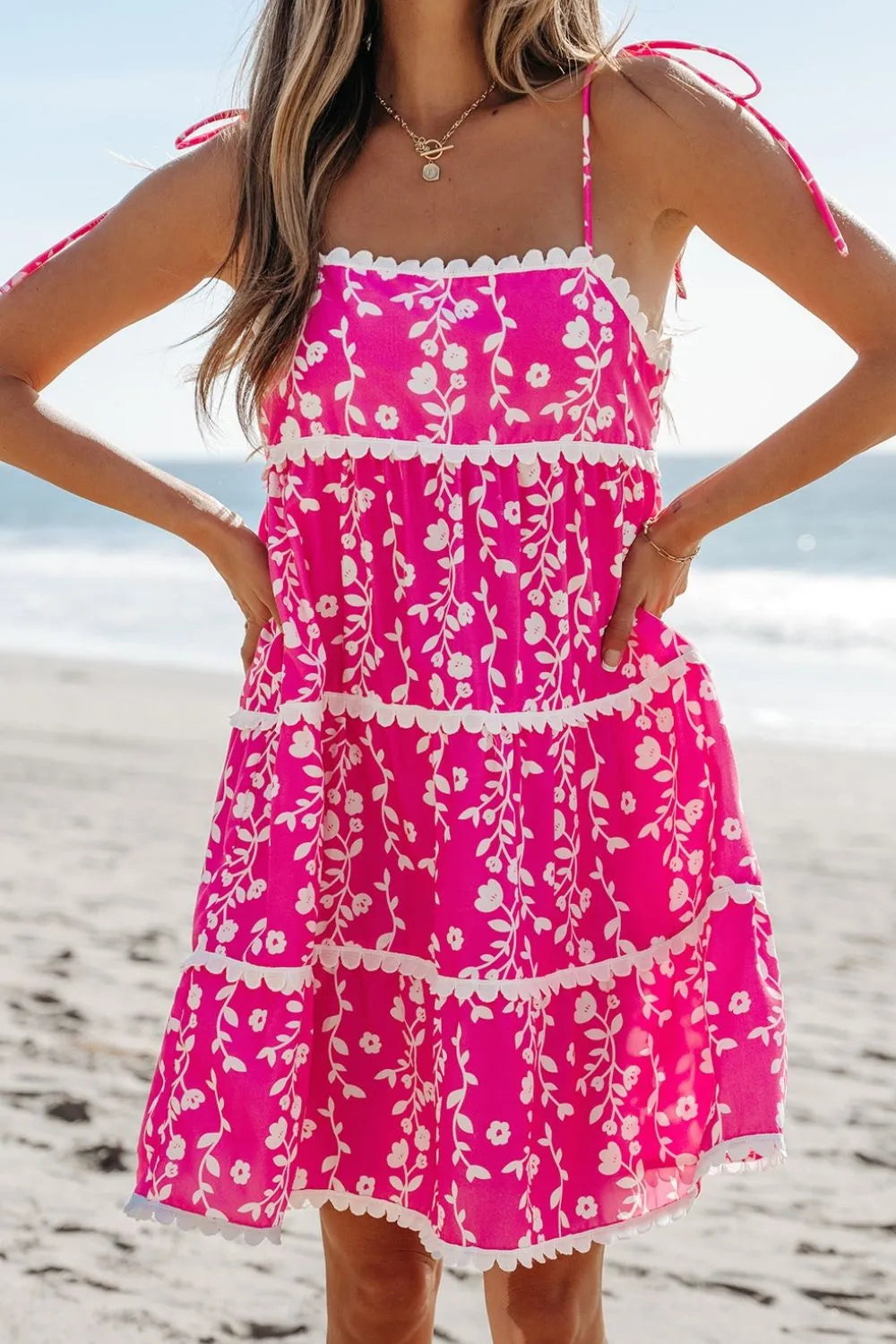 Floral Print Ric Rac Patched Sleeveless Mini Dress - -