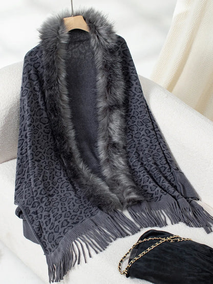 Fringe Leopard Open Front Long Sleeve Poncho - Indigo One Size -