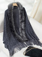 Fringe Leopard Open Front Long Sleeve Poncho - Indigo One Size -