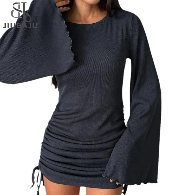 Solid Drawstring Flare Sleeve Mini Dress