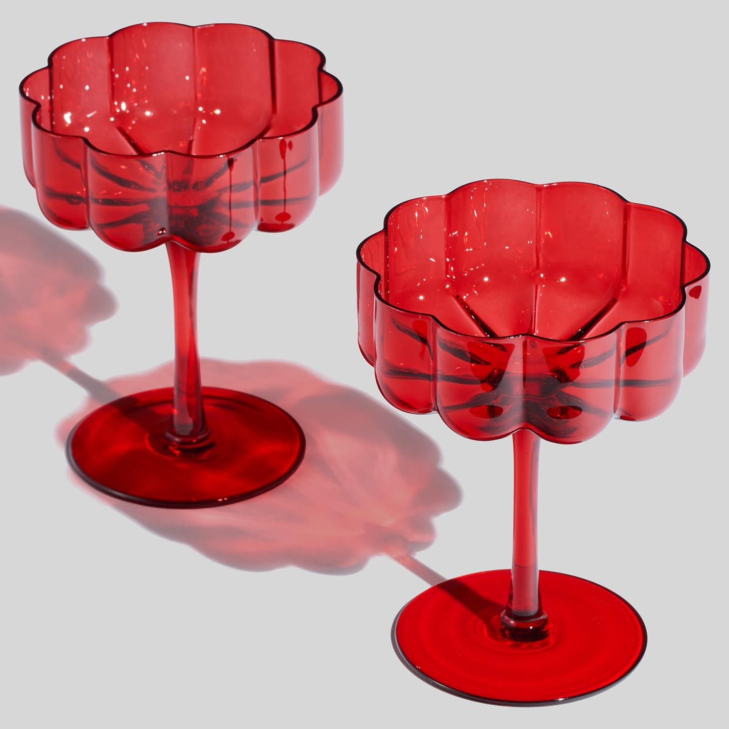 Red Flower Vintage Wavy Glass Coupes Martini Champagne & Cocktail Coupes - Set of 2 - - Wine Glasses