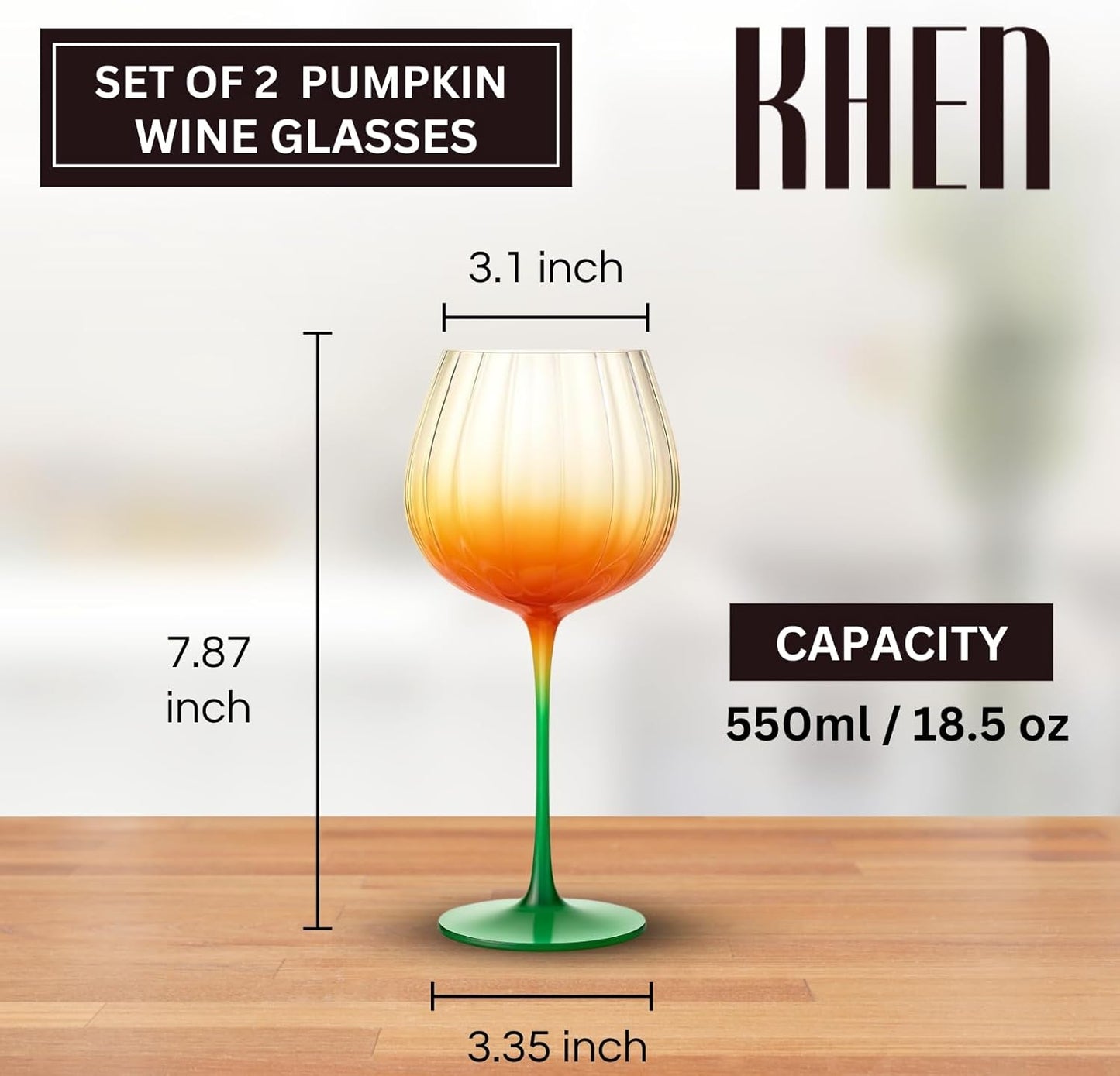 Khen Pumpkin Wine Glasses Fall Inspired Lightweight - Set of 2 Orange & Green - -