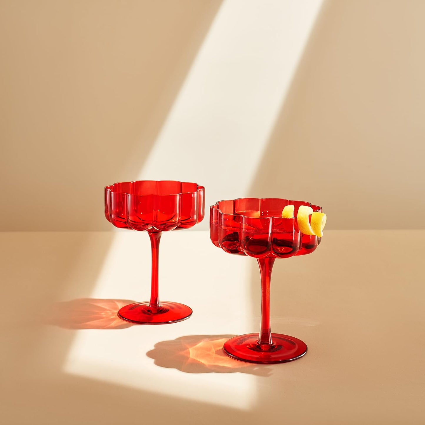 Red Flower Vintage Wavy Glass Coupes Martini Champagne & Cocktail Coupes - Set of 2 - - Wine Glasses