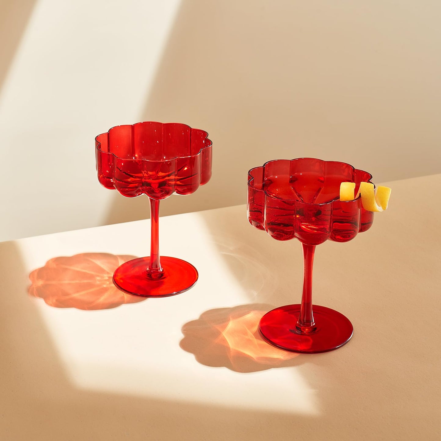 Red Flower Vintage Wavy Glass Coupes Martini Champagne & Cocktail Coupes - Set of 2 - - Wine Glasses