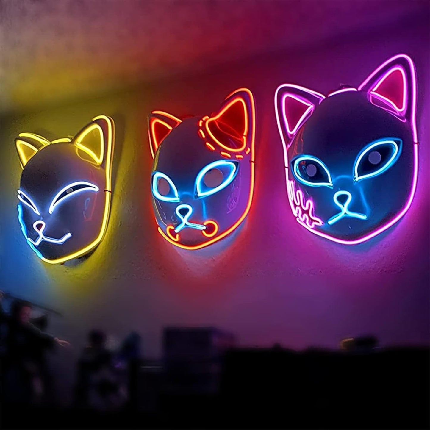 Demon LED Mask Slayers Costume Props Japanese Anime Plastic Fox Face Cosplay Glowing Masks for Adult Masquerade - -