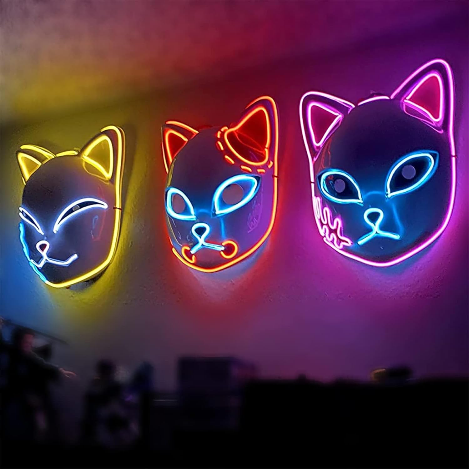 Demon LED Mask Slayers Costume Props Japanese Anime Plastic Fox Face Cosplay Glowing Masks for Adult Masquerade - -