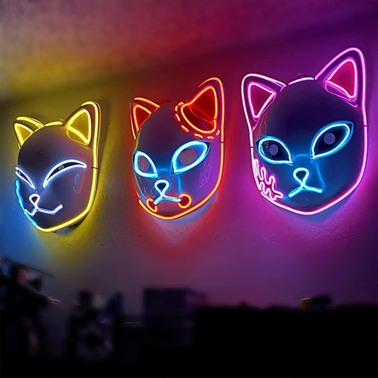 Demon LED Mask Slayers Costume Props Japanese Anime Plastic Fox Face Cosplay Glowing Masks for Adult Masquerade - -
