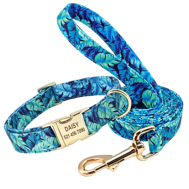 Printed Dog Collar and Leash Set Blue Set Large