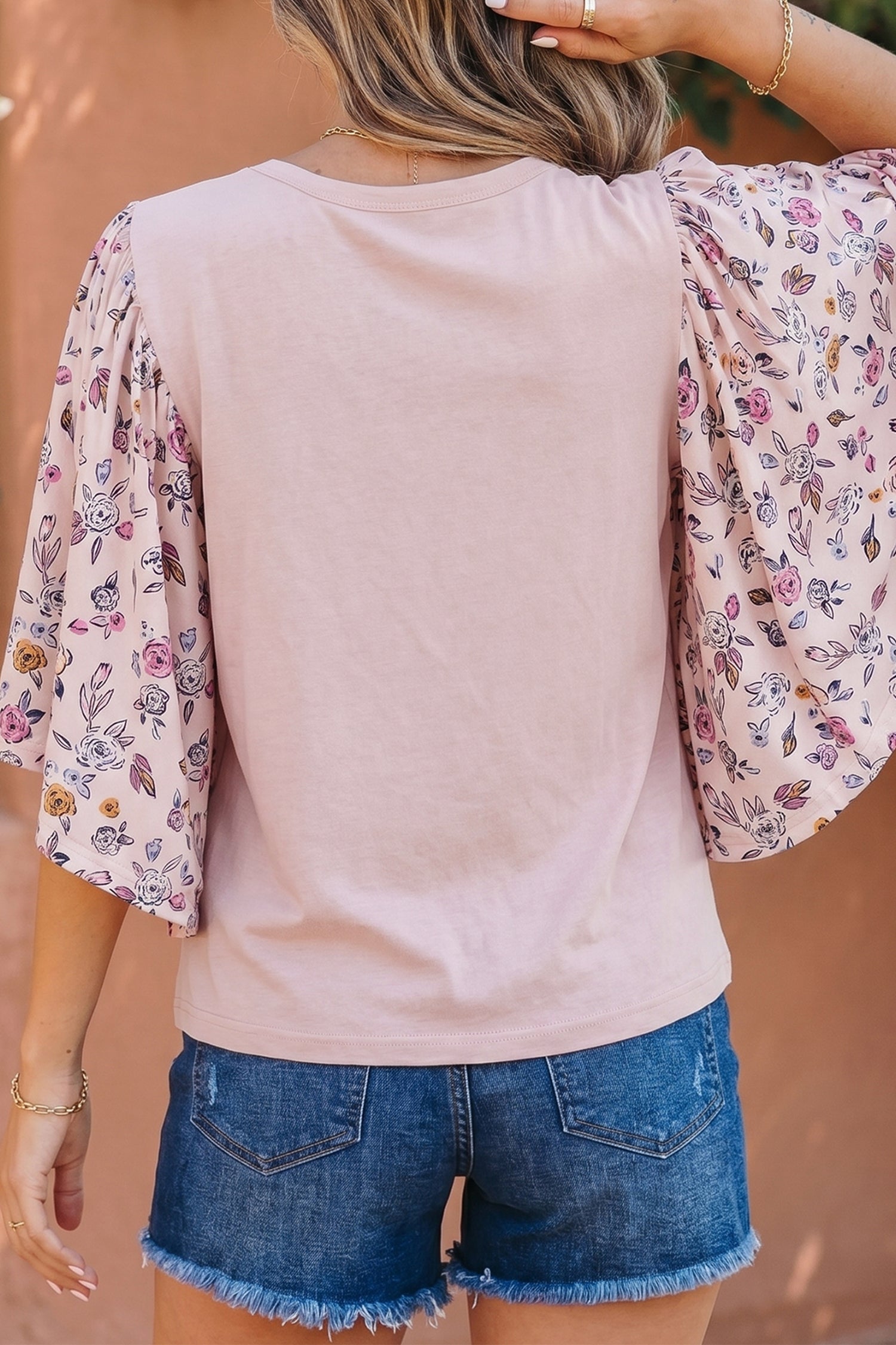 Pink Contrast Floral Patched Flowy Half Sleeve Blouse - - Tops/Blouses & Shirts