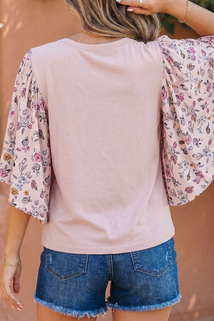 Pink Contrast Floral Patched Flowy Half Sleeve Blouse - - Tops/Blouses & Shirts