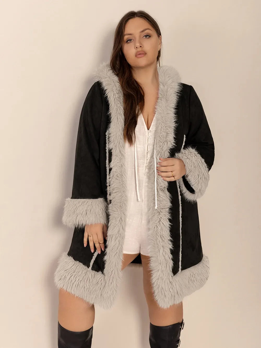 Plus Size Fuzzy Trim Open Front Long Sleeve Hooded Coat - -