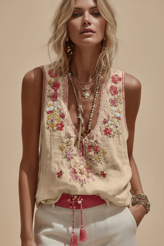 Women's Botanical Floral Print V-Neck Tank Top – 3D Digital Print - - casualwear