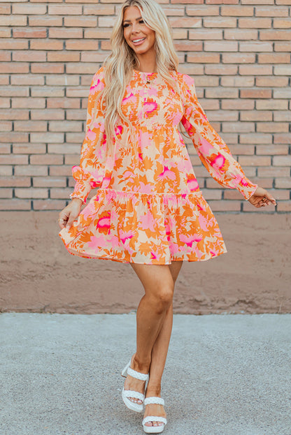 Orange Abstract Print Smocked Lantern Sleeve Ruffle Mini Dress - - Dresses/Mini Dresses
