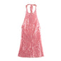Beaded Halter Mini Dress - Picture Color M - dress