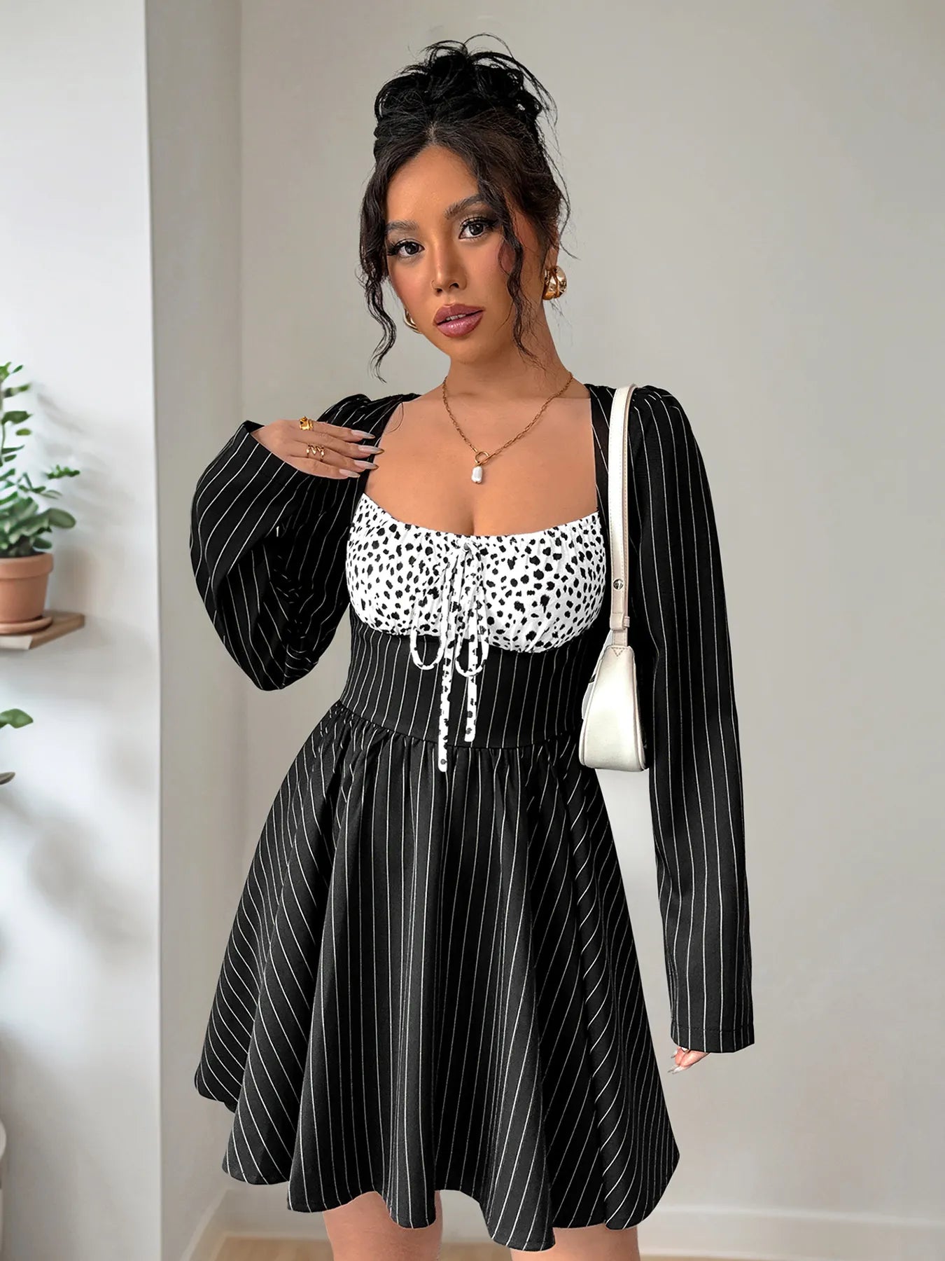 Striped Long Sleeve Mini Dress - -