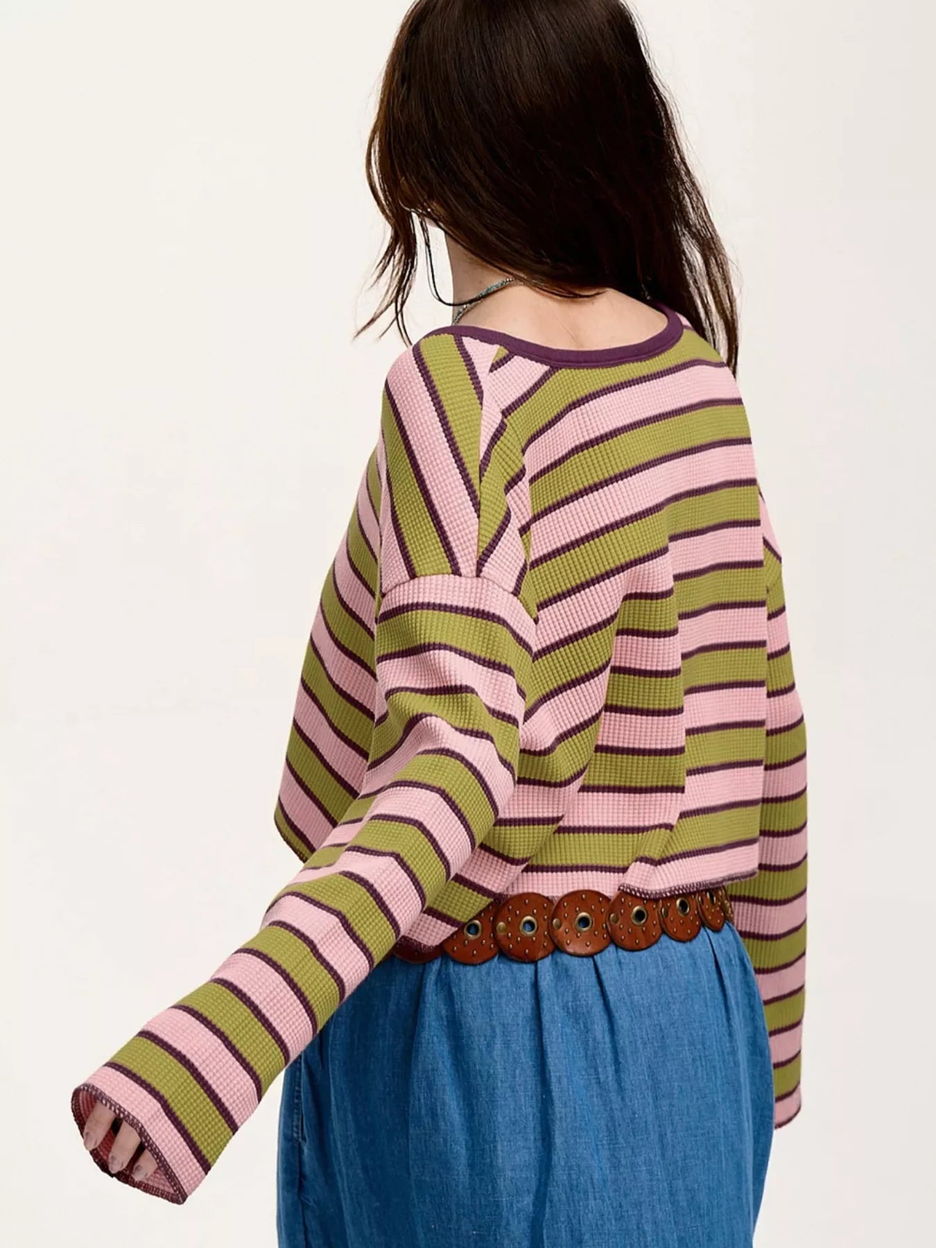 Stripes Waffle Texture Notched Neck Long Sleeve Top - -