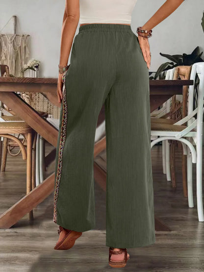 Bohemian Wide Leg Embroidered Side Stripe Pants - -