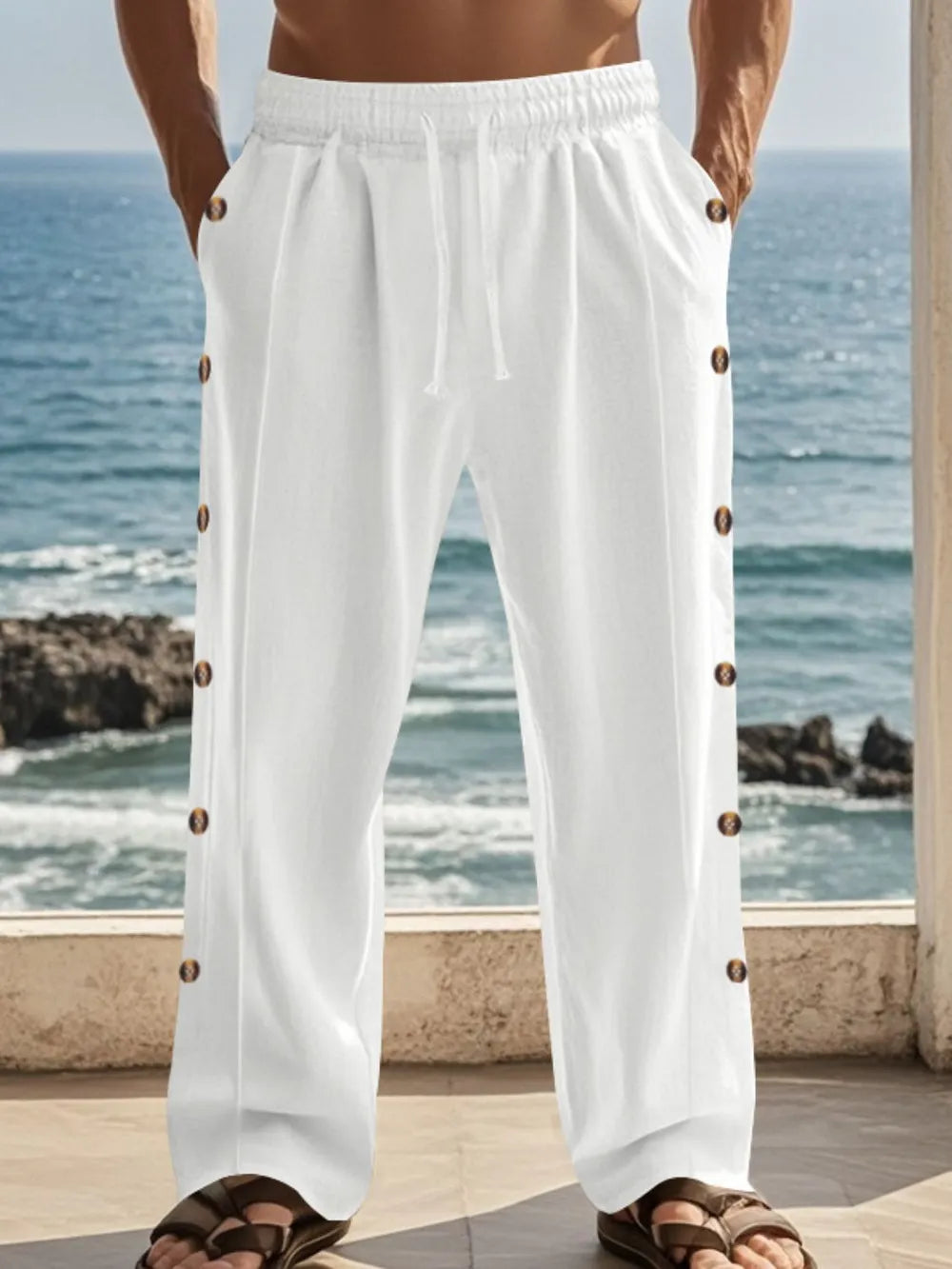 Men's Full Size Side Button Wide Leg Pants Plus Size - -