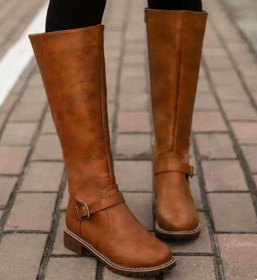 Mid-Calf High Knight Buckle Boots - Brown - A 43 - heeled boots