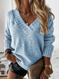 V-Neck Long Sleeve Knit Top - Pastel Blue -