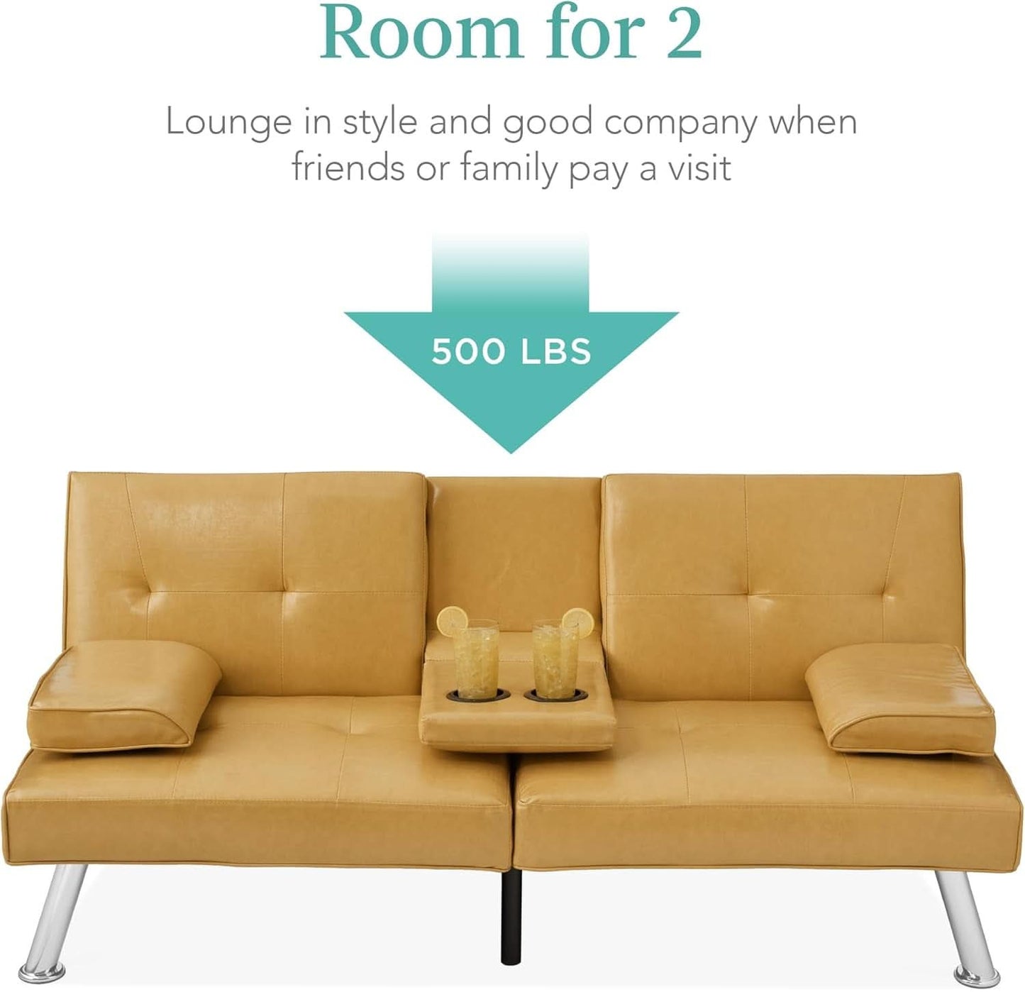 Convertible Futon Sofa Bed in Faux Leather Camel Yellow with Removable Armrests - - Sofa