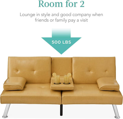 Convertible Futon Sofa Bed in Faux Leather Camel Yellow with Removable Armrests - - Sofa