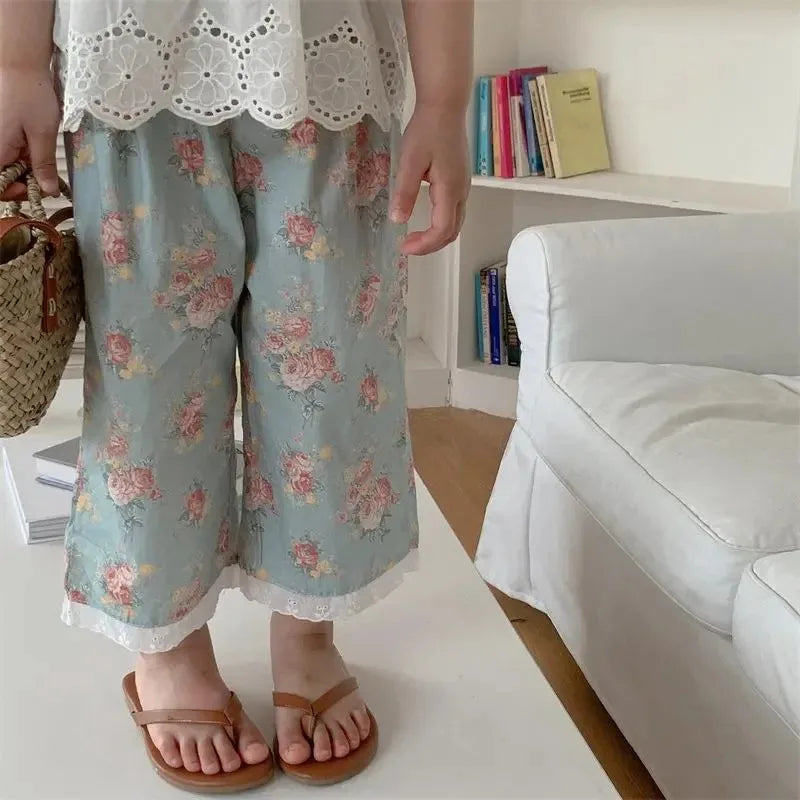 Floral Pants with Cotton Lace Cropped Pants