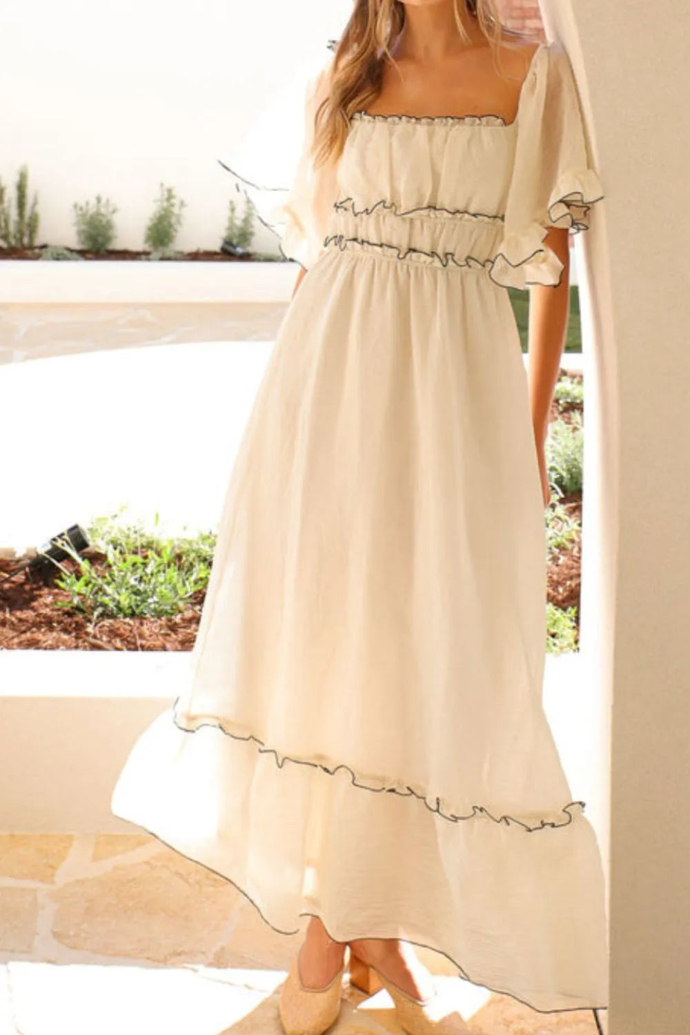 Square Neck Short Sleeve Midi Dress - -