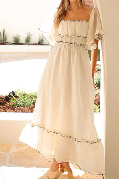 Square Neck Short Sleeve Midi Dress - -