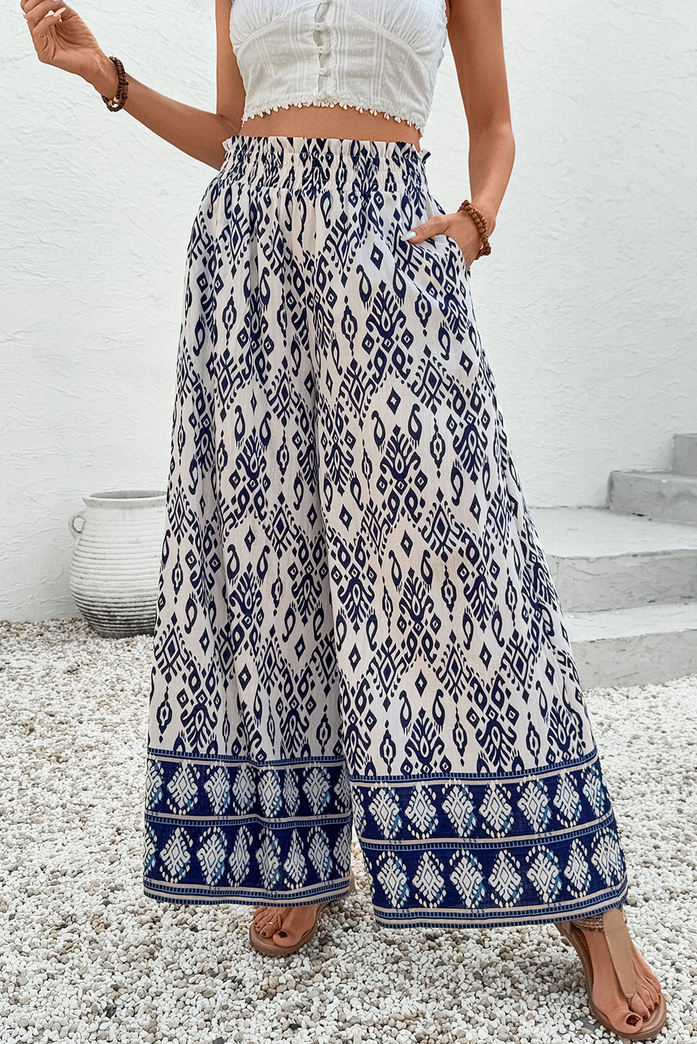 Blue Boho Pattern Print High Waist Wide Leg Loose Pants - Blue 85%Viscose+15%Polyamide - Bottoms/Pants & Culotte