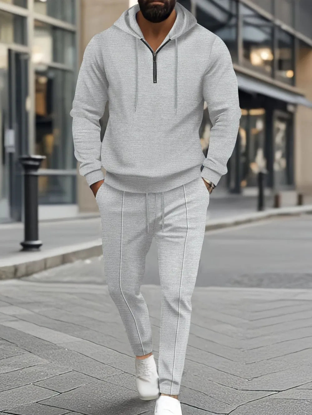 Men's Full Size Waffle-Knit Half Zipper Hoodie and Pants Set Plus Size - Gray -