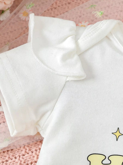 Children's Ruffled Short Sleeve Bodysuit and Shorts Set with Headband - -