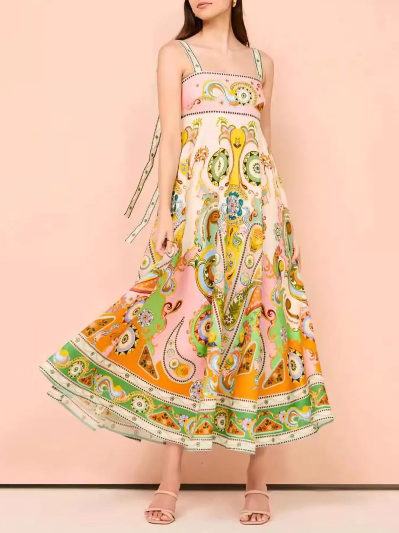 Paisley Print Square Neck Summer Dress - -