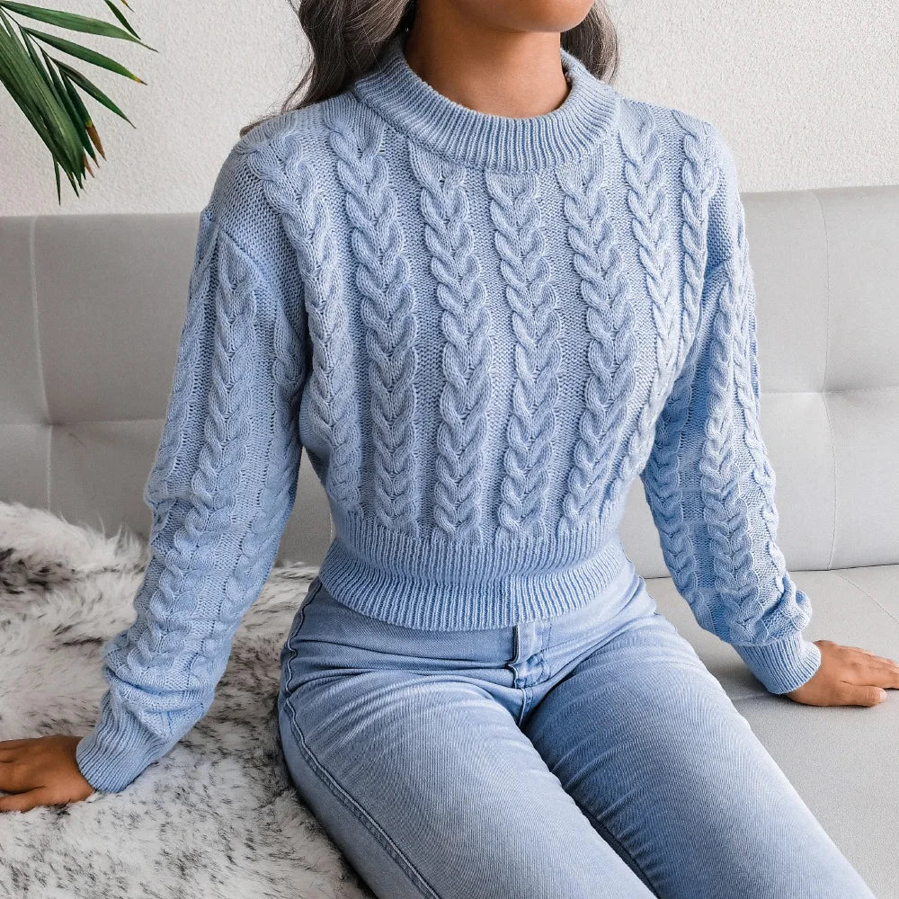 Women Twist Knitted O-Neck Long Lantern Sleeve Slim Knitwear Pullover Top