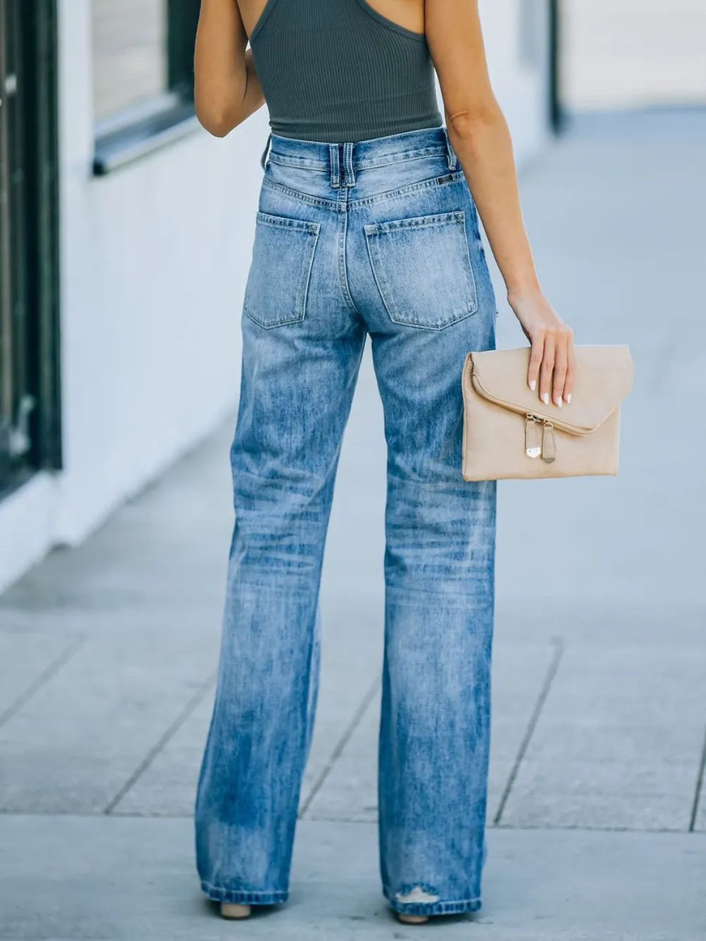 Distressed Straight Leg Jeans - -