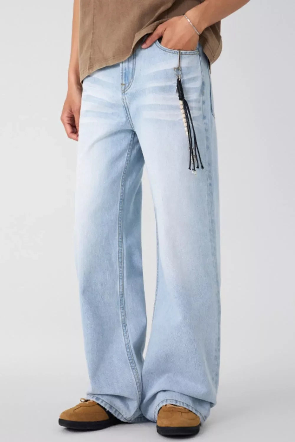 Men's Wide Leg Wash Jeans - -