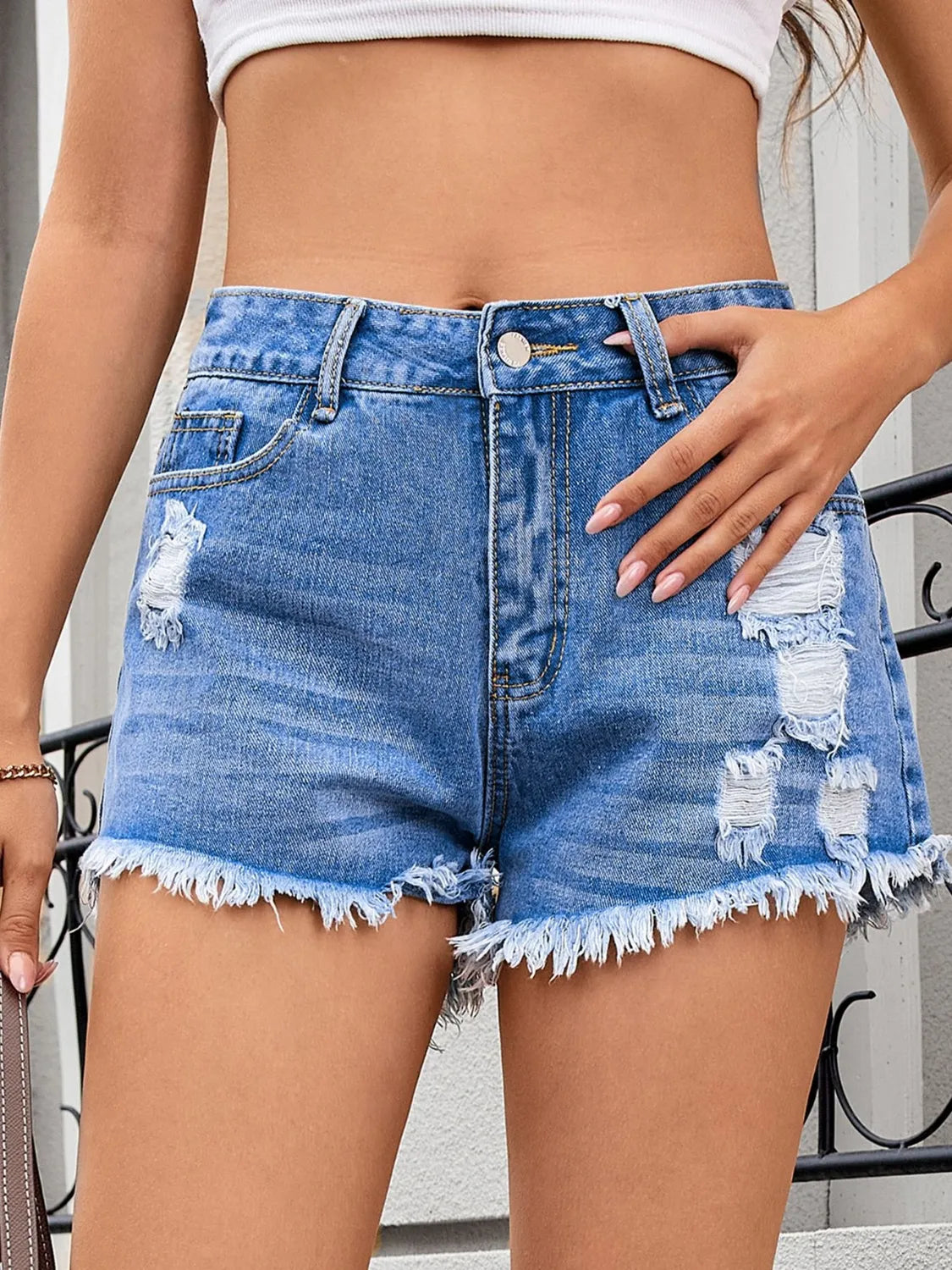Distressed Raw Hem Denim Shorts - -