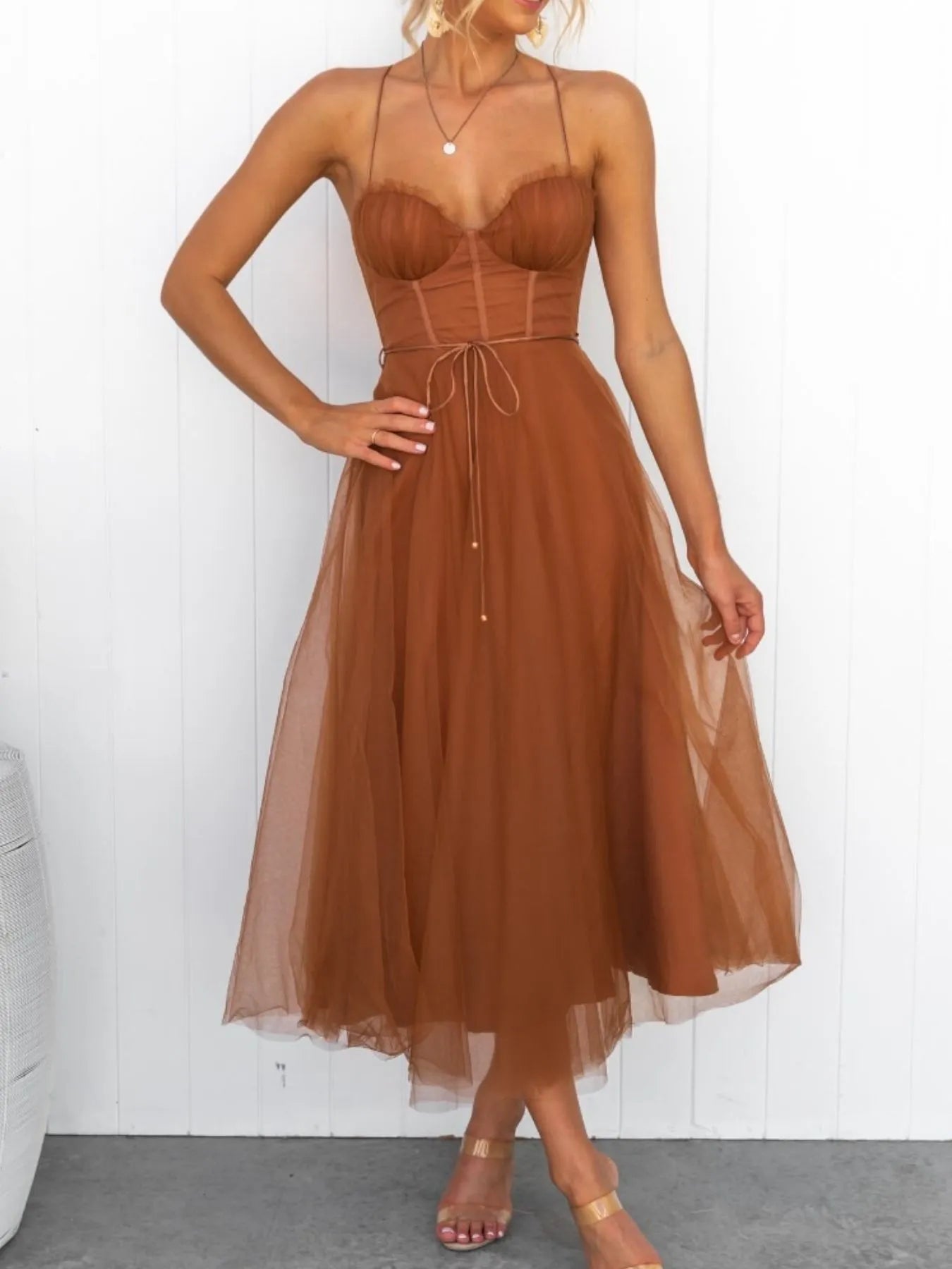 Sweetheart Neck Tulle Midi Dress - Caramel -