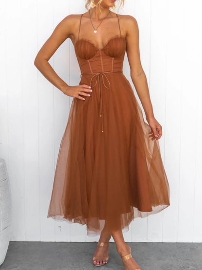 Sweetheart Neck Tulle Midi Dress - Caramel -