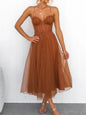 Sweetheart Neck Tulle Midi Dress - Caramel -