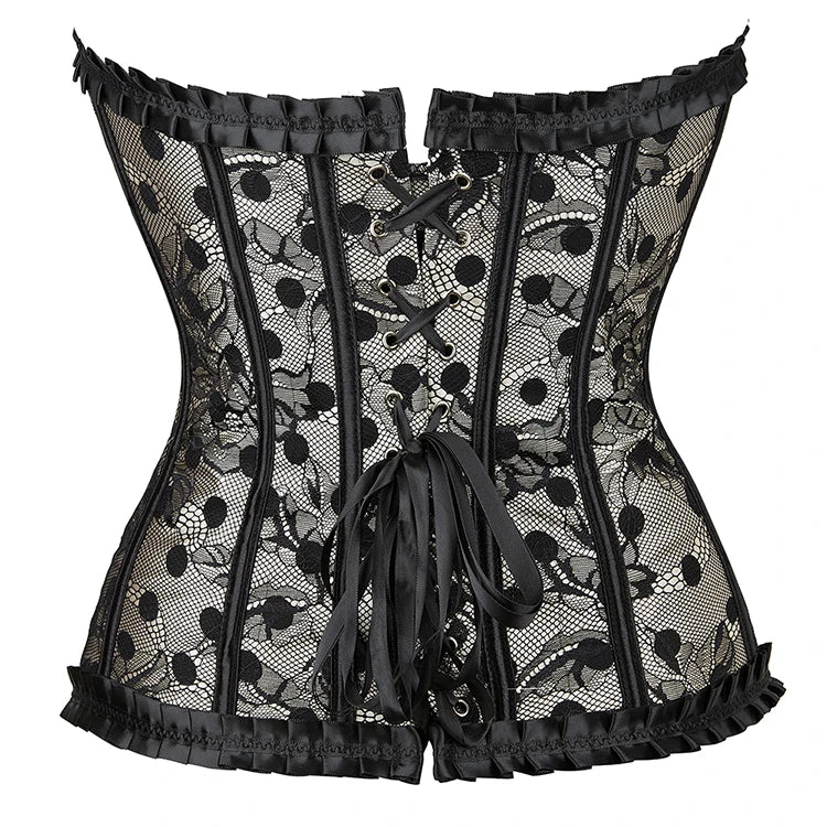 Overbust Corset Beige Satin Black Lace Polka Dot Corset