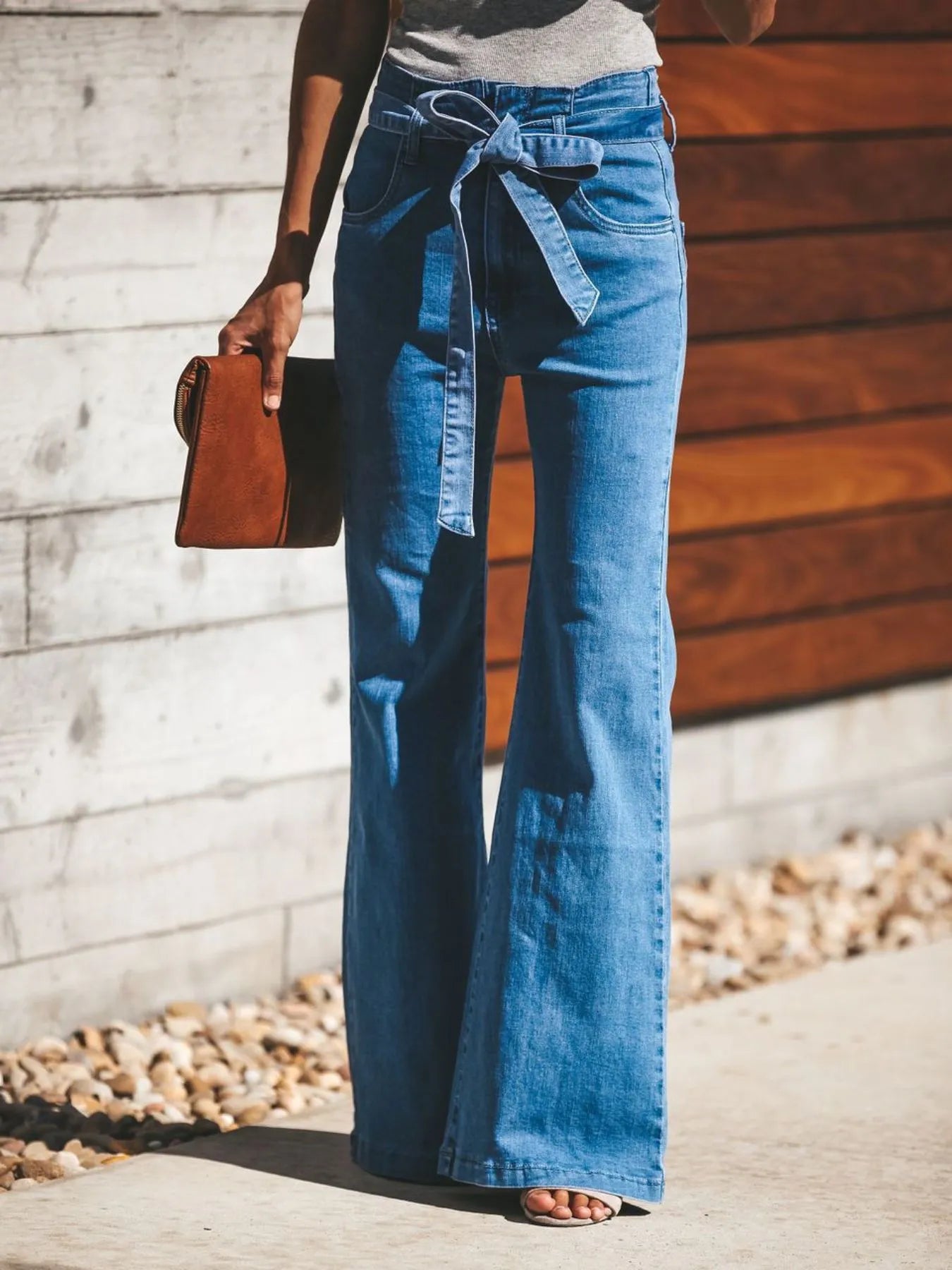 High-Waisted Tie-Front Flare Jeans - Sky Blue -