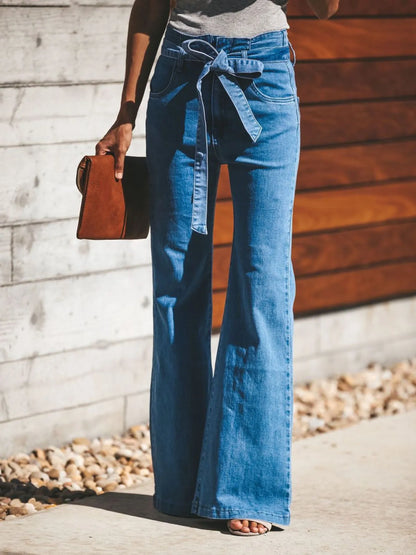 High-Waisted Tie-Front Flare Jeans - Sky Blue -